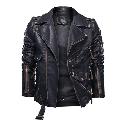 Men's Genuine Zip Up Motorcycle Motorbike Biker Vintage Black Leather Jacket - EverWindy Market