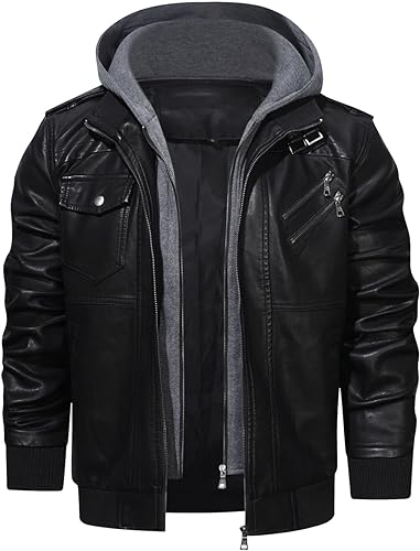 HOOD CREW Men’s Casual Stand Collar PU Faux Leather Zip-Up Motorcycle Bomber Jacket With a Removable Hood