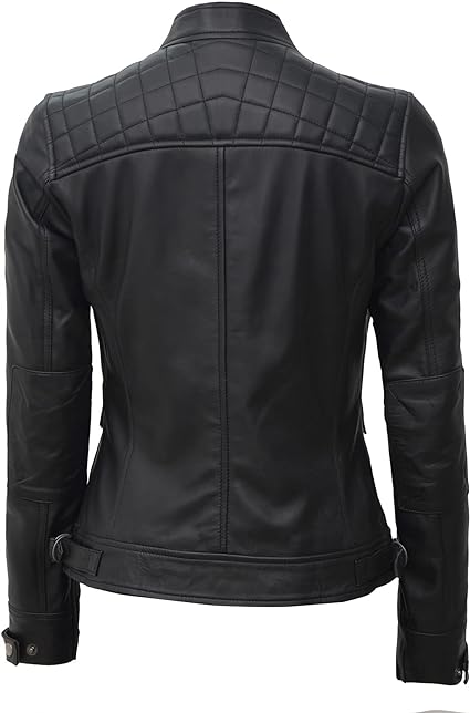 Real Black Leather Jacket Women - Cafe Racer Slim Fit Stand Collar Womens Motorcycle Jackets