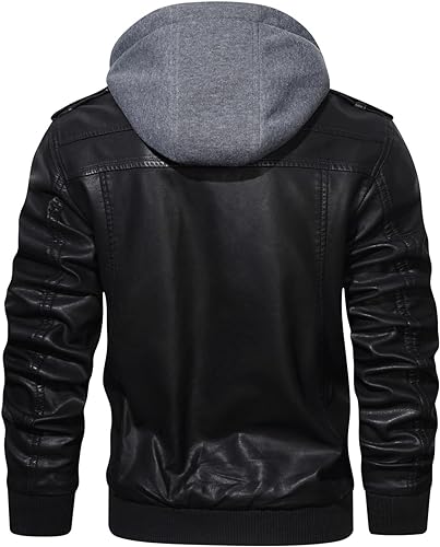 HOOD CREW Men’s Casual Stand Collar PU Faux Leather Zip-Up Motorcycle Bomber Jacket With a Removable Hood