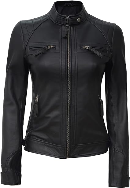 Real Black Leather Jacket Women - Cafe Racer Slim Fit Stand Collar Womens Motorcycle Jackets