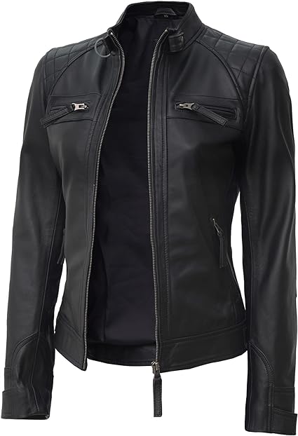 Real Black Leather Jacket Women - Cafe Racer Slim Fit Stand Collar Womens Motorcycle Jackets