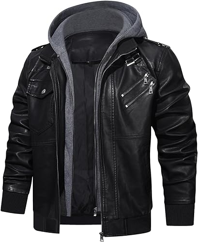 HOOD CREW Men’s Casual Stand Collar PU Faux Leather Zip-Up Motorcycle Bomber Jacket With a Removable Hood