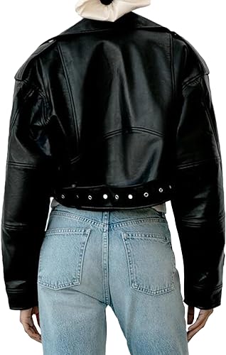 Women Faux Leather Cropped Jacket Lapel Zipper Biker Short Coat with Belt