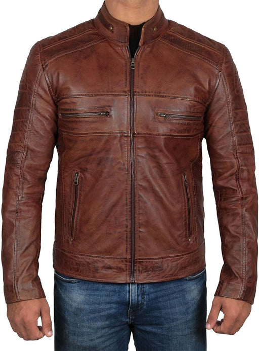 Brown Leather Jacket Mens - Cafe Racer Real Lambskin Leather Distressed Motorcycle Jacket