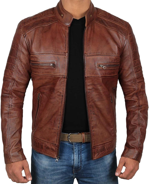 Brown Leather Jacket Mens - Cafe Racer Real Lambskin Leather Distressed Motorcycle Jacket