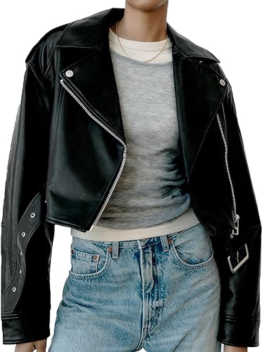 Women Faux Leather Cropped Jacket Lapel Zipper Biker Short Coat with Belt