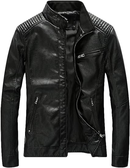 Men's black  Casual Zip Up Slim Bomber Faux Leather Jacket  men's black biker jacket