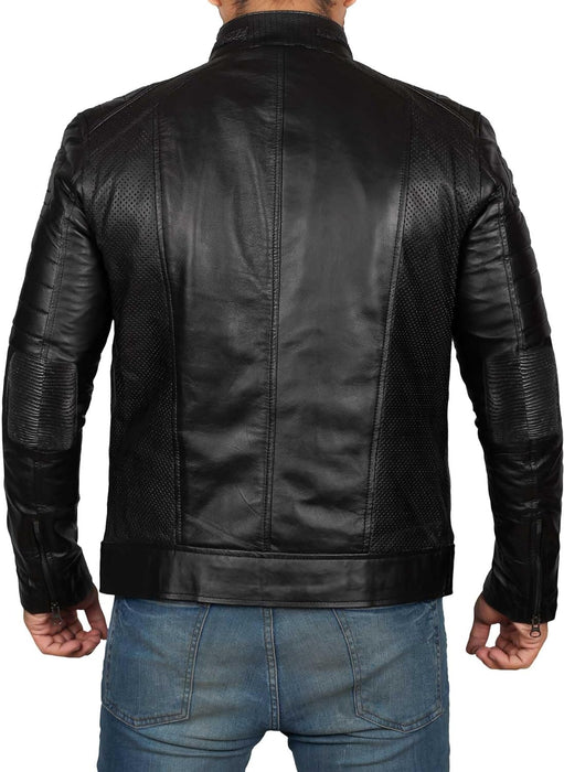 Black Leather Jacket Mens - Cafe Racer Real Lambskin Leather Distressed Motorcycle Jacket