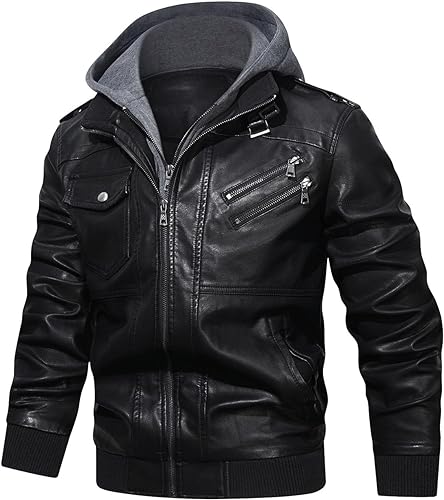 HOOD CREW Men’s Casual Stand Collar PU Faux Leather Zip-Up Motorcycle Bomber Jacket With a Removable Hood