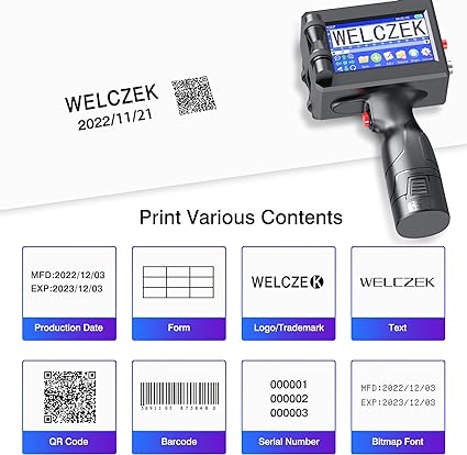 WELCZEK TIJ127 Handheld Inkjet Printer, Portable Handheld Printer with 4.3Inch Touch Screen Quick Drying Inkjet Coding Machine for Barcode Text Logo QR Code Batch Number (Support 25 Languages)