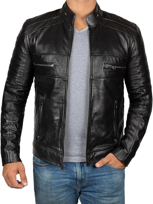 Black Leather Jacket Mens - Cafe Racer Real Lambskin Leather Distressed Motorcycle Jacket