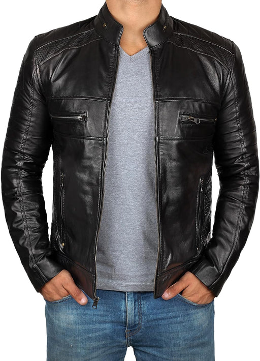 Black Leather Jacket Mens - Cafe Racer Real Lambskin Leather Distressed Motorcycle Jacket