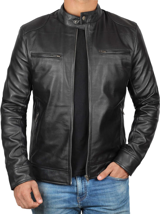 Mens Leather Jacket - Cafe Racer Style Real Lambskin Leather Jacket Men